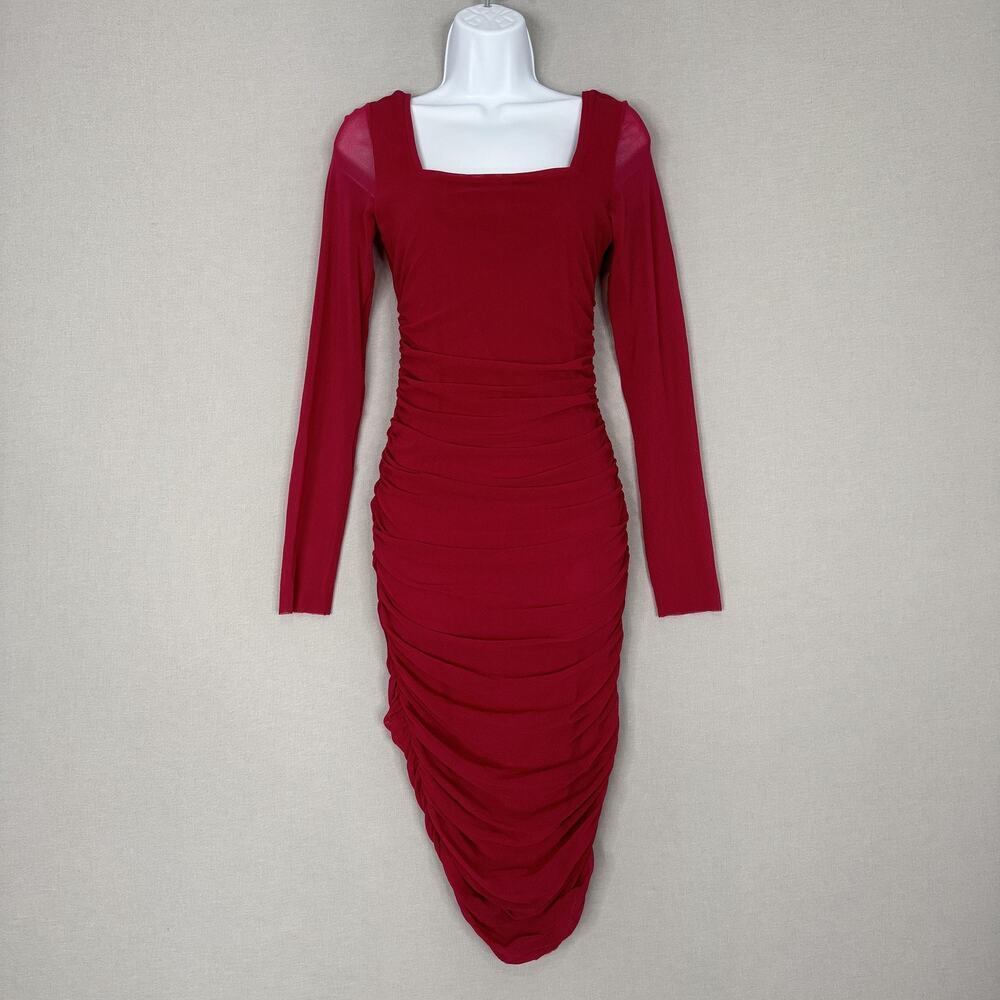 Fuzzi Ruched Bodycon Dress Womens Medium Pink Long Sleeve Mesh Party Cocktail